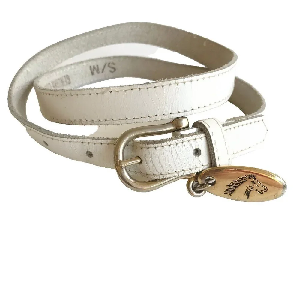 Vtg Jordache White Leather Belt Brass Horse Logo Slim Thin Womens Size XS Small